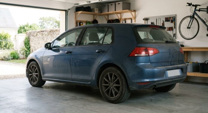 Voiture bleue poussiéreuse immobilisée dans un garage privé