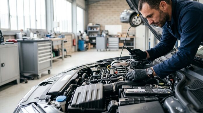 Mécanicien inspectant un moteur sous le capot dans un garage
