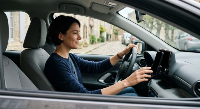 Conductrice dans une voiture garée dans une rue française, téléphone sur son support