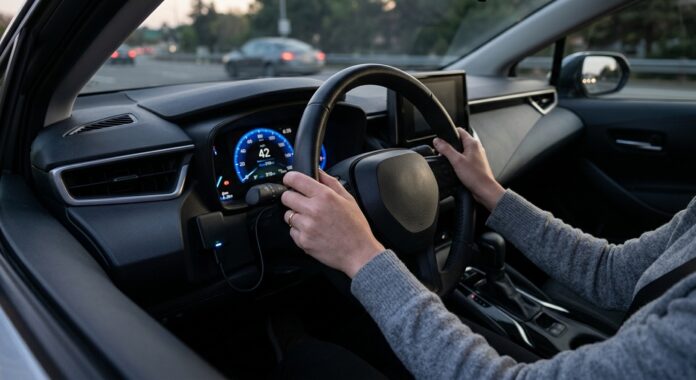 Boîtier télématique connecté au tableau de bord d une voiture, mains du conducteur sur le volant