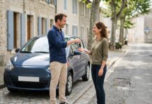 Véhicule en indivision : qui assure la voiture et qui paie après un sinistre Deux personnes se transmettant les clés d une voiture garée dans une rue française