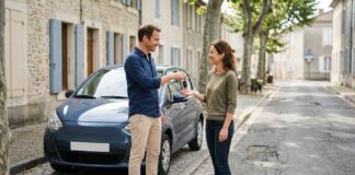 Véhicule en indivision : qui assure la voiture et qui paie après un sinistre Deux personnes se transmettant les clés d une voiture garée dans une rue française