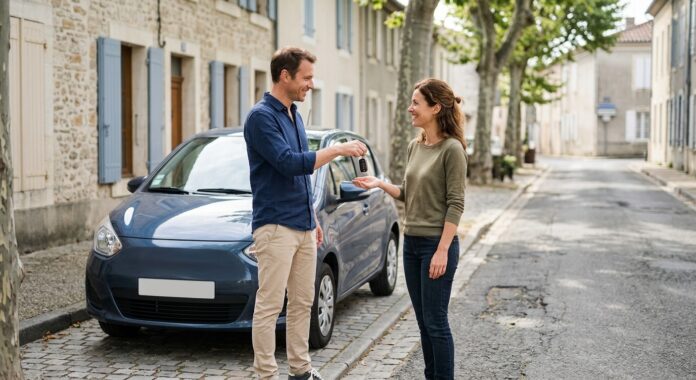 Deux personnes se transmettant les clés d une voiture garée dans une rue française