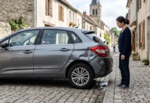 Véhicule économiquement irréparable (VEI) : vos droits et vos options face à l’assureur Conductrice observant l’arrière endommagé de sa voiture garée dans une rue pavée d’un village français