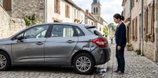 Véhicule économiquement irréparable (VEI) : vos droits et vos options face à l’assureur Conductrice observant l’arrière endommagé de sa voiture garée dans une rue pavée d’un village français