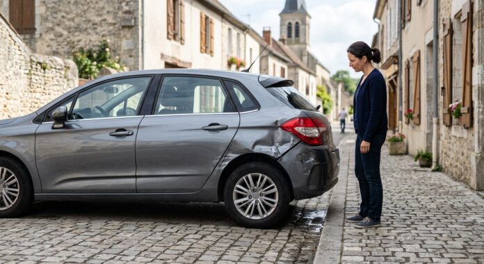 Conductrice observant l’arrière endommagé de sa voiture garée dans une rue pavée d’un village français