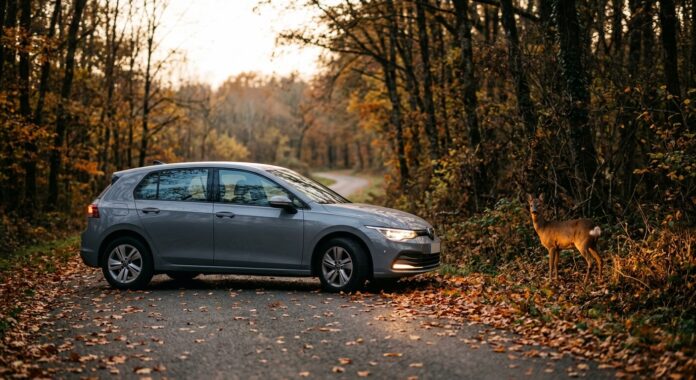 Voiture grise sur une route forestière en automne avec un chevreuil au bord de la chaussée