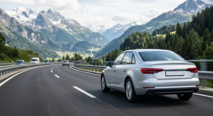 Voiture roulant sur une route de montagne en Europe, illustration assurance auto à l'étranger