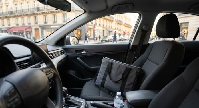 Intérieur de voiture avec sac de livraison sur le siège passager, illustration assurance auto pour coursier ou livreur